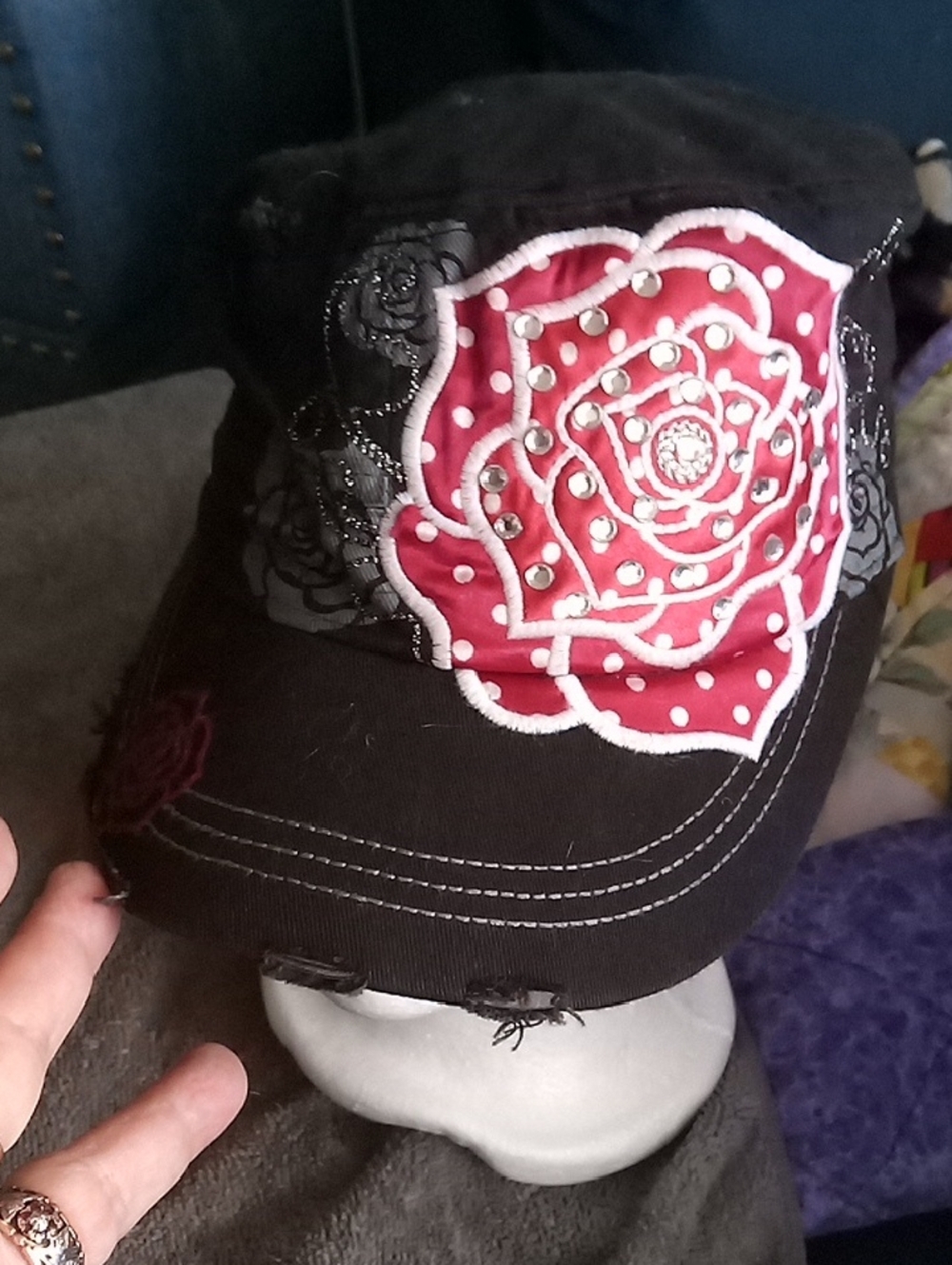 Black Baseball Cap with Red Rose Applique and Stud Detail
